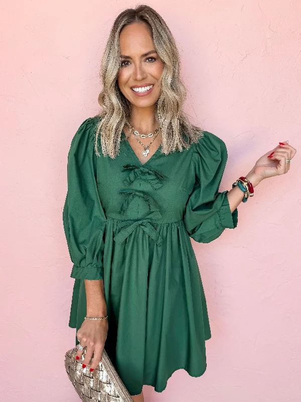 Off Shoulder Chiffon Dresses for Ladies' Summer OutingsJust A Girl Bow Mini Dress-Hunter Green Off Shoulder Chiffon Dresses for Ladies' Summer OutingsJust A Girl Bow Mini Dress-Hunter Green