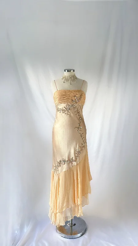 Empire Waist Polyester Dresses for Ladies with Satin RibbonChampagne Gold Embellished Asymmetrical Fairy Midaxi Dress Empire Waist Polyester Dresses for Ladies with Satin RibbonChampagne Gold Embellished Asymmetrical Fairy Midaxi Dress