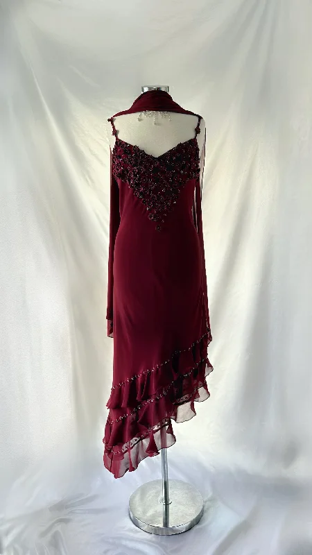 Dresses with Sheer Panels and Beaded Trim and Embroidered Paisley Patterns for Ladies' Sultry and Exotic LookFloral Bouquet Deep Burgundy 90s Asymmetrical Midi Dress (XXL) Dresses with Sheer Panels and Beaded Trim and Embroidered Paisley Patterns for Ladies' Sultry and Exotic LookFloral Bouquet Deep Burgundy 90s Asymmetrical Midi Dress (XXL)