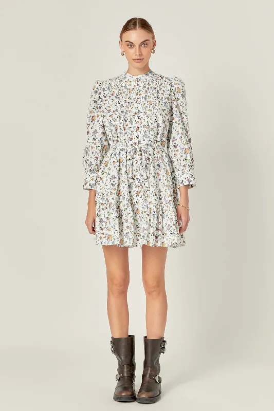 Dresses with Satin and Lace Trimmed Neckline for Ladies' Sophisticated LookFloral Print Pintuck Smock Mini Dress Dresses with Satin and Lace Trimmed Neckline for Ladies' Sophisticated LookFloral Print Pintuck Smock Mini Dress