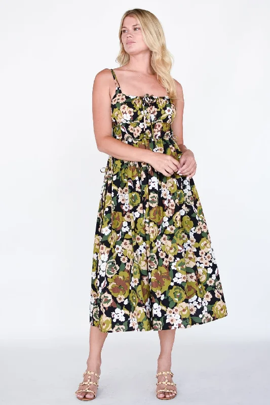 Dresses with Ruffled Sleeveless Top and Sequined Bodice and Tulle Skirt for Ladies' Dramatic and Glamorous LookFloral Shirred Midi Dress Dresses with Ruffled Sleeveless Top and Sequined Bodice and Tulle Skirt for Ladies' Dramatic and Glamorous LookFloral Shirred Midi Dress