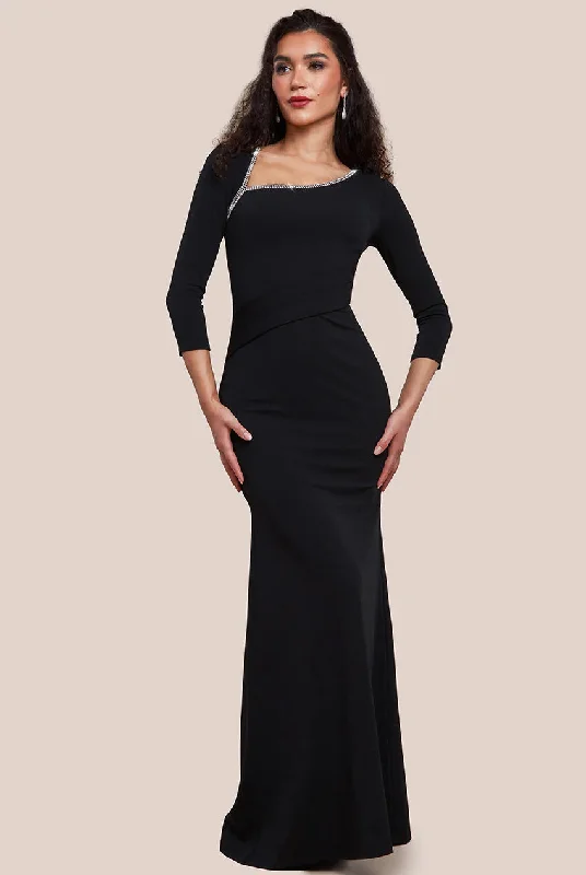 Chiffon Dresses with Slit for Ladies' Added EleganceGoddiva Asymmetric Neck Diamante Embellished Maxi Dress - Black Chiffon Dresses with Slit for Ladies' Added EleganceGoddiva Asymmetric Neck Diamante Embellished Maxi Dress - Black