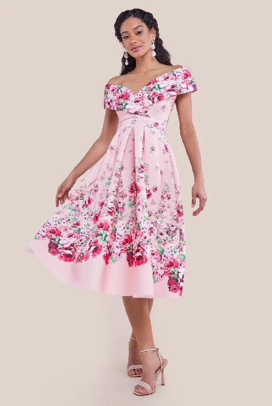 Dresses with Metallic Sequined Bodice and Chiffon Skirt for Ladies' Glamorous and Flirty LookGoddiva Bardot Floral Print A-Line Scuba Foam Midi Dress - Blush Dresses with Metallic Sequined Bodice and Chiffon Skirt for Ladies' Glamorous and Flirty LookGoddiva Bardot Floral Print A-Line Scuba Foam Midi Dress - Blush