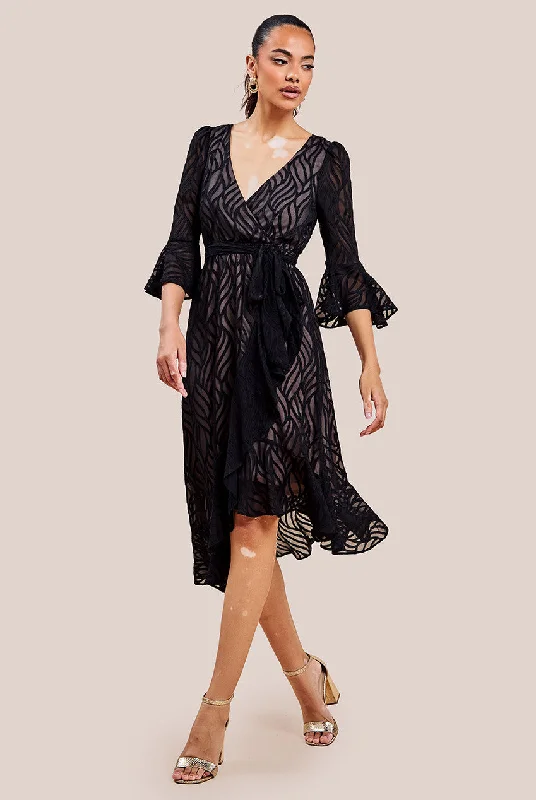 Dresses with Puff Sleeves for Ladies' Retro VibeGoddiva Chiffon Geo-Wave Front Frill Wrap Midi Dress - Black Dresses with Puff Sleeves for Ladies' Retro VibeGoddiva Chiffon Geo-Wave Front Frill Wrap Midi Dress - Black
