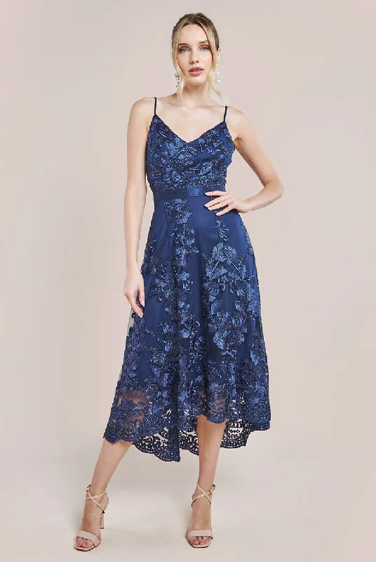 Dresses with Sequined Stripes for Ladies' Bold and Fashionable LookGoddiva Dipped Hem Sleeveless Lace Midi - Navy Dresses with Sequined Stripes for Ladies' Bold and Fashionable LookGoddiva Dipped Hem Sleeveless Lace Midi - Navy