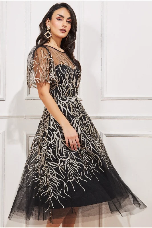 "Ruffled dresses for women for added femininity"Goddiva Embroidered Mesh Midi Dress - Black