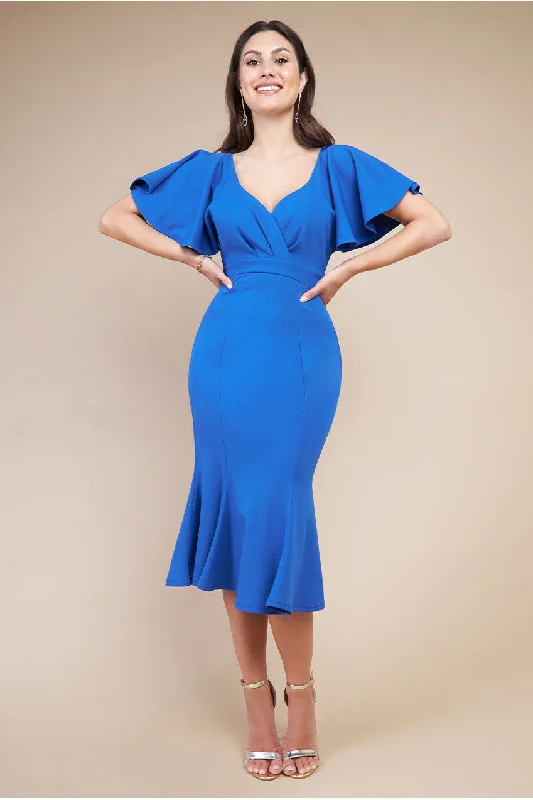 Off Shoulder Chiffon Dresses for Ladies' Summer OutingsGoddiva Flared Sleeve Front Wrap Midi Dress - Royal Blue