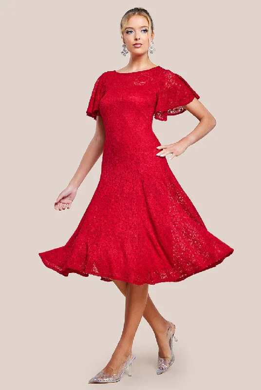 Dresses with Metallic Studs for Ladies' Edgy StyleGoddiva Flutter Sleeve Lace A-Line Midi Dress - Red Dresses with Metallic Studs for Ladies' Edgy StyleGoddiva Flutter Sleeve Lace A-Line Midi Dress - Red