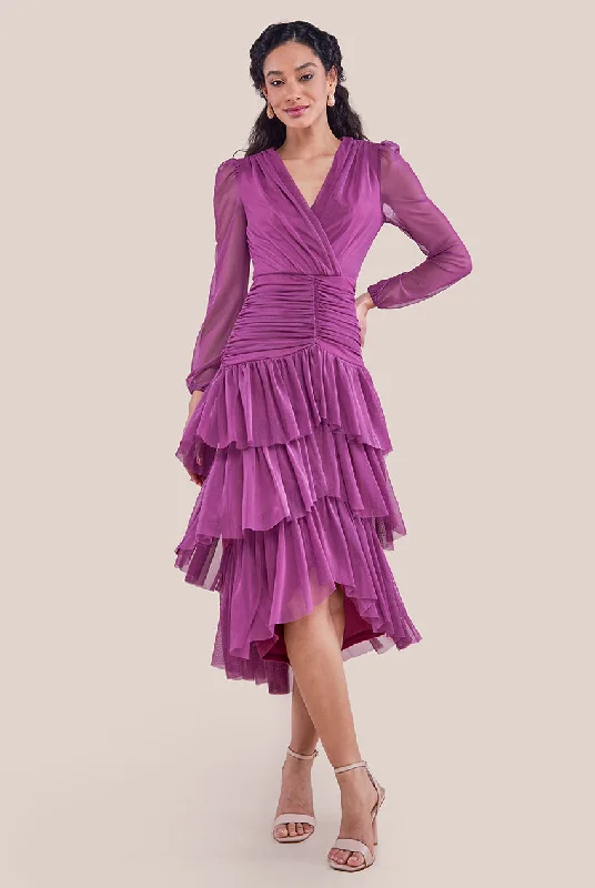 Dresses with Embroidered Birds and Sequined Floral Motifs for Ladies' Nature Inspired and Elegant LookGoddiva Gathered High & Low Tiered Midaxi Dress - Berry Dresses with Embroidered Birds and Sequined Floral Motifs for Ladies' Nature Inspired and Elegant LookGoddiva Gathered High & Low Tiered Midaxi Dress - Berry