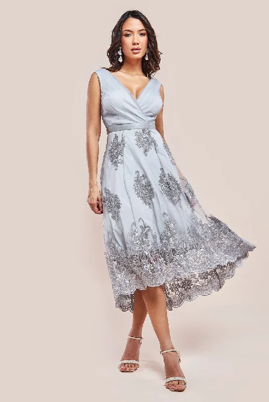 Dresses with Satin Trimmed Collar for Ladies' Classic LookGoddiva Pleated Satin Bodice High And Low Dress - Grey Dresses with Satin Trimmed Collar for Ladies' Classic LookGoddiva Pleated Satin Bodice High And Low Dress - Grey