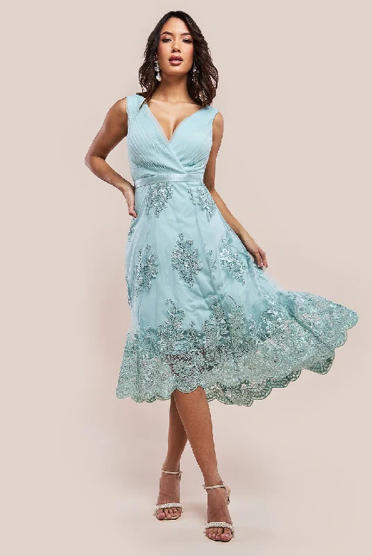 Dresses with Satin Trimmed Collar and Bow Back and Embroidered Skirt for Ladies' Classic and Glamorous LookGoddiva Pleated Satin Bodice High And Low Dress - Sage Green Dresses with Satin Trimmed Collar and Bow Back and Embroidered Skirt for Ladies' Classic and Glamorous LookGoddiva Pleated Satin Bodice High And Low Dress - Sage Green