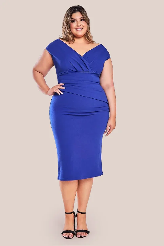 Dresses with Ruffled Sleeves and High Neck for Ladies' Dramatic and Elegant LookGoddiva Plus Scuba Bardot Pleated Midi Dress - Royalblue Dresses with Ruffled Sleeves and High Neck for Ladies' Dramatic and Elegant LookGoddiva Plus Scuba Bardot Pleated Midi Dress - Royalblue