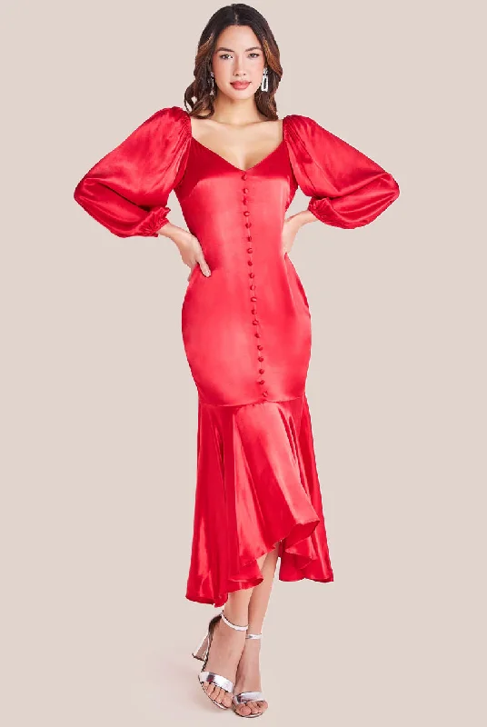 Ombre Dresses with Gradient Colors for Ladies' Stunning Visual AppealGoddiva Satin Viscose Front Buttoned Dipped Hem Midaxi Dress - Red Ombre Dresses with Gradient Colors for Ladies' Stunning Visual AppealGoddiva Satin Viscose Front Buttoned Dipped Hem Midaxi Dress - Red