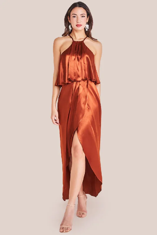 Off Shoulder Chiffon Dresses for Ladies' Summer OutingsGoddiva Satin Viscose Front Wrap Midaxi Dress - Brown Off Shoulder Chiffon Dresses for Ladies' Summer OutingsGoddiva Satin Viscose Front Wrap Midaxi Dress - Brown