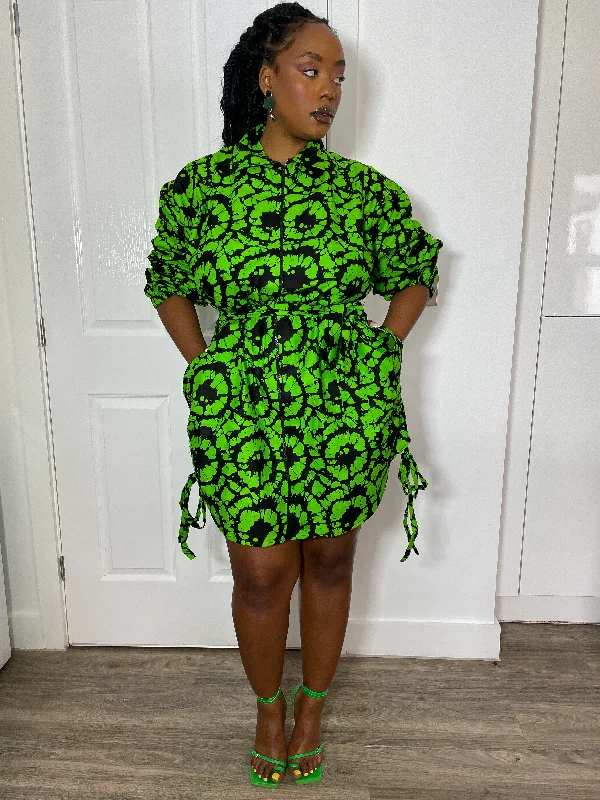 Dresses with Metallic Sequined Bodice and Chiffon Skirt for Ladies' Glamorous and Flirty LookIrene Ankara Shirt Dress | Green and Black African Print
