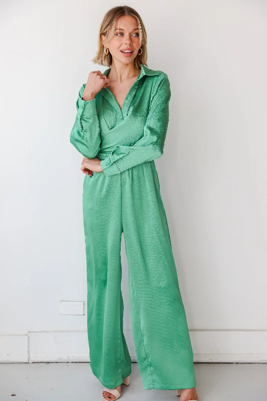 Dresses with Satin Trimmed Collar and Bow Back for Ladies' Classic and Intricate LookFINAL SALE - Irresistibly Chic Green Satin Jumpsuit Dresses with Satin Trimmed Collar and Bow Back for Ladies' Classic and Intricate LookFINAL SALE - Irresistibly Chic Green Satin Jumpsuit