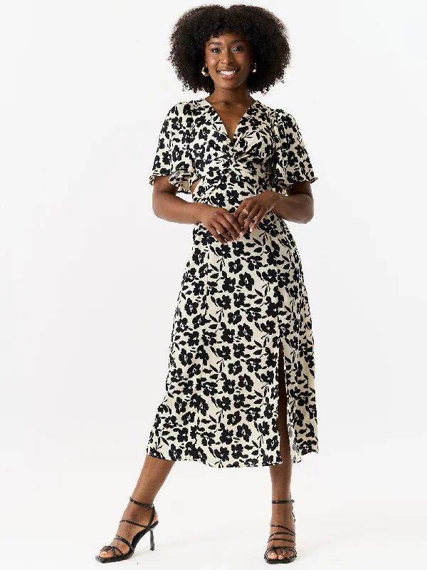 High Neck Chiffon Dresses for Ladies' Modest StyleIvory Floral Twist Front Angel Sleeves Midi Dress High Neck Chiffon Dresses for Ladies' Modest StyleIvory Floral Twist Front Angel Sleeves Midi Dress