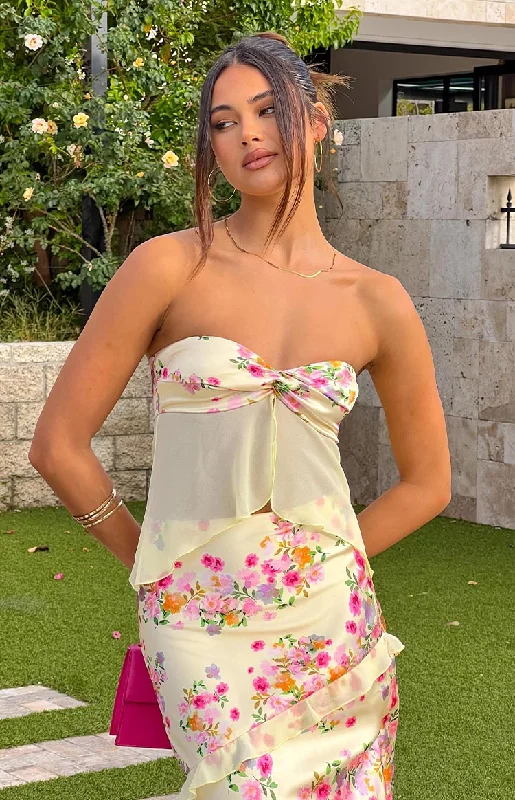 Dresses with Sequined Dots for Ladies' Playful and Sultry LookJacqulin Yellow Bloom Strapless Top Dresses with Sequined Dots for Ladies' Playful and Sultry LookJacqulin Yellow Bloom Strapless Top