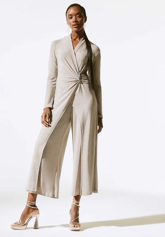 Dresses with Metallic Sequined Bodice for Ladies' Glamorous LookJoseph Ribkoff Glitter Wrap Wide Leg Jumpsuit, White Gold Dresses with Metallic Sequined Bodice for Ladies' Glamorous LookJoseph Ribkoff Glitter Wrap Wide Leg Jumpsuit, White Gold