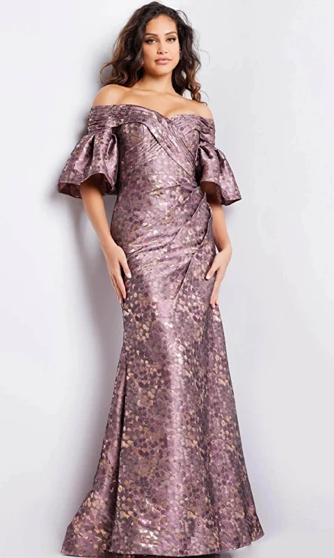 Dresses with Sequined Geometric Shapes for Ladies' Modern and Stylish LookJovani 26258 - Bell Sleeve Ruched Evening Gown