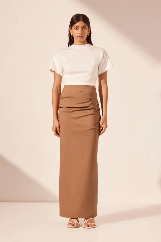 Dresses with Ruffled Sleeveless Top and Sequined Bodice for Ladies' Dramatic and Glamorous LookLANI DRAPED MAXI SKIRT - CINNAMON Dresses with Ruffled Sleeveless Top and Sequined Bodice for Ladies' Dramatic and Glamorous LookLANI DRAPED MAXI SKIRT - CINNAMON