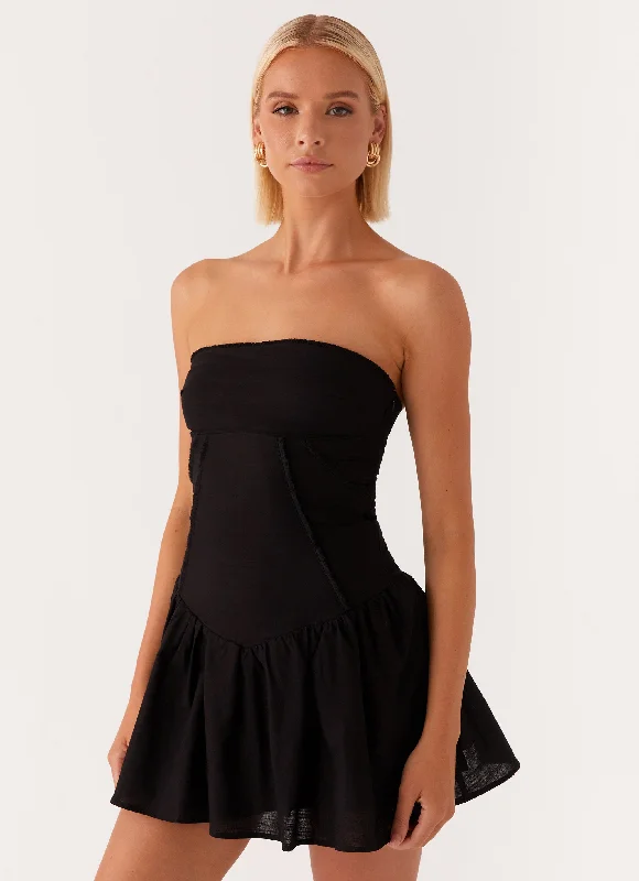 A Line Denim Dresses for Ladies with Button FrontLarnie Linen Mini Dress - Black