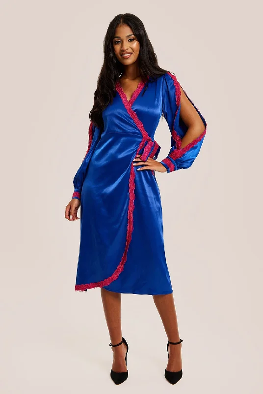 "Striped dresses for women with a classic touch"Liquorish Royal Blue Satin Midi Wrap Dress With Lace Details And Sleeve Slits "Striped dresses for women with a classic touch"Liquorish Royal Blue Satin Midi Wrap Dress With Lace Details And Sleeve Slits