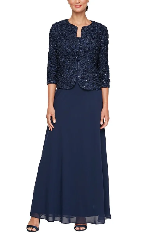 Dresses with Pleated Tulle Skirt and Sequined Geometric Shapes and Lace Overlay for Ladies' Princess and Feminine LookLong Empire Waist Dress With Open Soutache Jacket