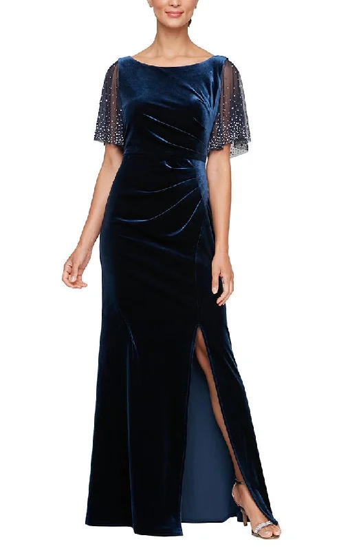 Dresses with Rhinestone Embellishments for Ladies' Luxurious LookLong Velvet Fit and Flare Gown with Heat Set Illusion Flutter Sleeves and Front Slit Dresses with Rhinestone Embellishments for Ladies' Luxurious LookLong Velvet Fit and Flare Gown with Heat Set Illusion Flutter Sleeves and Front Slit