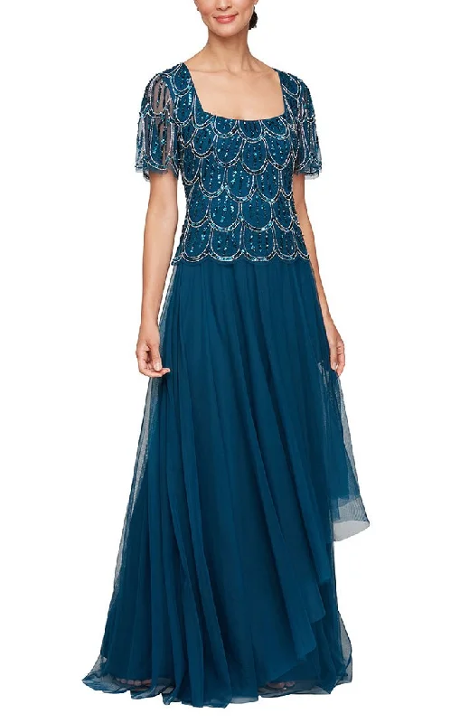 Empire Waist Polyester Dresses for Ladies with Satin RibbonLong Hand Beaded Mock Dress with Square Neckline, Asymmetric Cascade Overlay Skirt and Short Sleeves Empire Waist Polyester Dresses for Ladies with Satin RibbonLong Hand Beaded Mock Dress with Square Neckline, Asymmetric Cascade Overlay Skirt and Short Sleeves