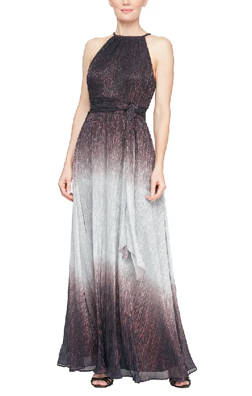 Dresses with Metallic Sequined Bodice for Ladies' Glamorous LookLong Ombre Metallic Knit Halter Neck A-Line Dress with Tie Belt Dresses with Metallic Sequined Bodice for Ladies' Glamorous LookLong Ombre Metallic Knit Halter Neck A-Line Dress with Tie Belt