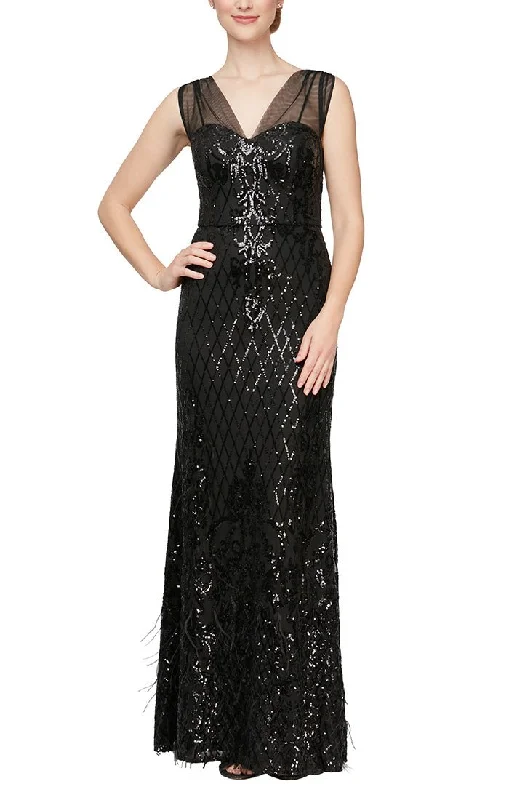Dresses with Satin and Lace Trimmed Neckline and Ruffled Sleeves for Ladies' Sophisticated and Girly LookLong Sleeveless Dress With Illusion Detail Neckline and Feather Detail Skirt Dresses with Satin and Lace Trimmed Neckline and Ruffled Sleeves for Ladies' Sophisticated and Girly LookLong Sleeveless Dress With Illusion Detail Neckline and Feather Detail Skirt