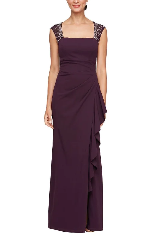 Dresses with Beaded Floral Wreath on the Bodice for Ladies' Delicate and Festive LookLong Sleeveless Square Neck Crepe Dress with Heatset Illusion Neckline & Cascade Ruffle Skirt