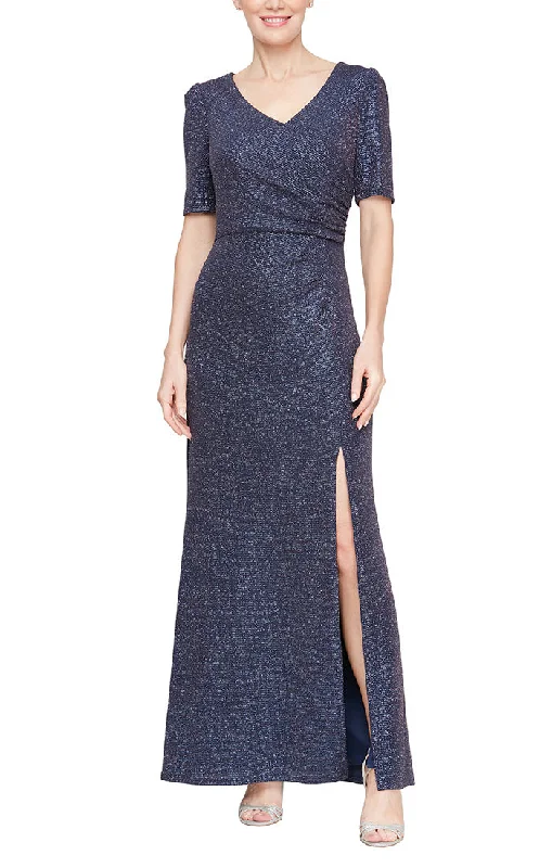Vintage Inspired Tea Length Dresses for Ladies with Ruffled CollarLong Sleeveless Surplice Neckline Metallic Knit Dress with Front Slit & Elbow Sleeves Vintage Inspired Tea Length Dresses for Ladies with Ruffled CollarLong Sleeveless Surplice Neckline Metallic Knit Dress with Front Slit & Elbow Sleeves