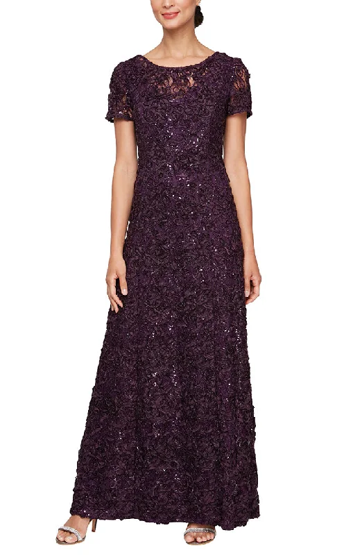 Dresses with Tulle Overlay and Beaded Bodice for Ladies' Dramatic and Graceful LookLong Soutache A-Line Dress with Short Sleeves and Illusion Neckline
