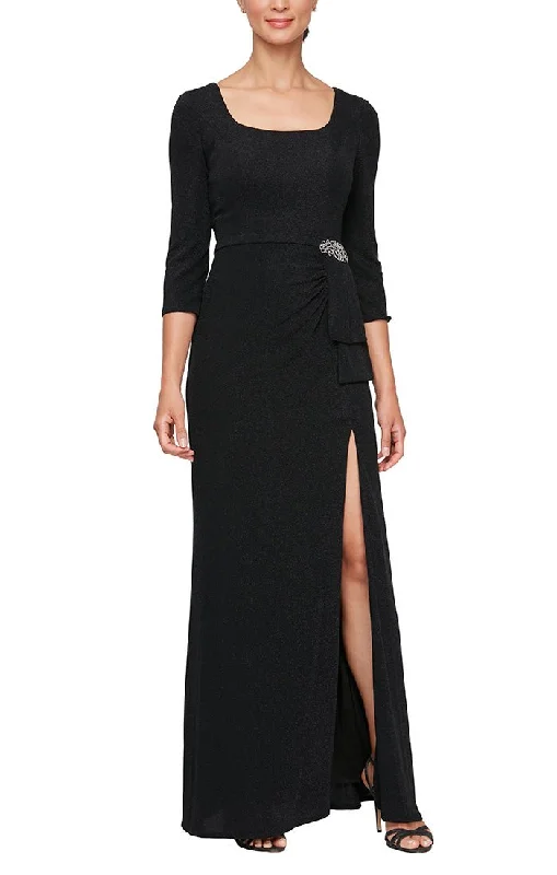 Velvet Dresses with Satin Trim for Ladies' Luxurious FeelLong Square Neck Metallic Knit Dress with Embellishment Detail at Hip and 3/4 Sleeves Velvet Dresses with Satin Trim for Ladies' Luxurious FeelLong Square Neck Metallic Knit Dress with Embellishment Detail at Hip and 3/4 Sleeves