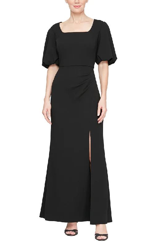 Dresses with Beaded Floral Wreath on the Bodice and High Low Hem for Ladies' Delicate and Dramatic LookLong Square Neck Stretch Crepe Gown with Short Balloon Sleeves and Front Slit Dresses with Beaded Floral Wreath on the Bodice and High Low Hem for Ladies' Delicate and Dramatic LookLong Square Neck Stretch Crepe Gown with Short Balloon Sleeves and Front Slit