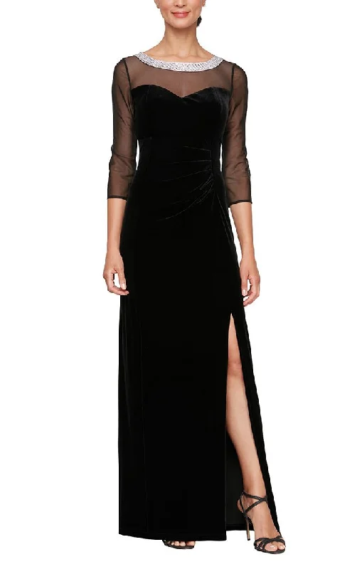 Halter Neck Sleeveless Dresses for Ladies' Outdoor ActivitiesLong Velvet 3/4 Sleeve Side Ruched Dress with Embellished Neckline Halter Neck Sleeveless Dresses for Ladies' Outdoor ActivitiesLong Velvet 3/4 Sleeve Side Ruched Dress with Embellished Neckline