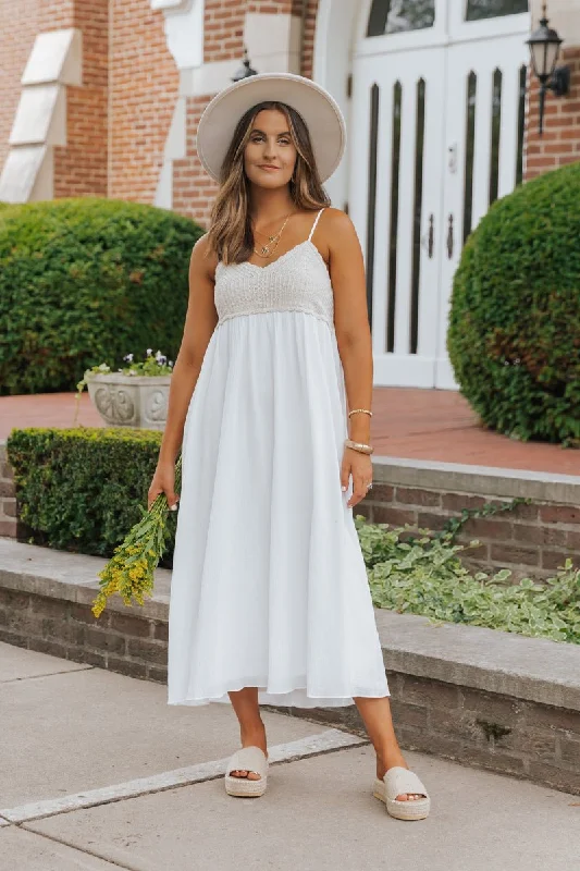 Dresses with Pleated Skirts and Lace Overlay for Ladies' Feminine and Timeless LookMarina White Crochet Midi Dress - FINAL SALE Dresses with Pleated Skirts and Lace Overlay for Ladies' Feminine and Timeless LookMarina White Crochet Midi Dress - FINAL SALE