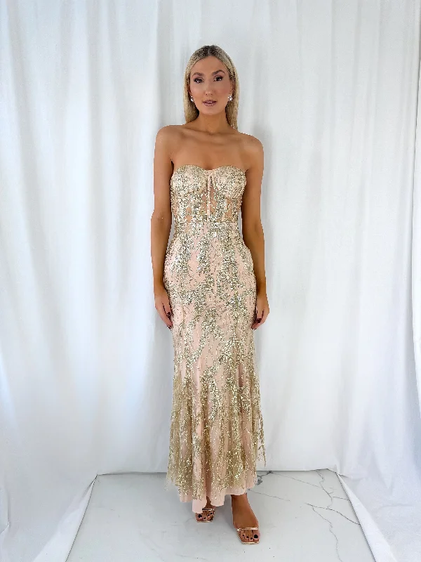 Dresses with Sequined Fringe for Ladies' Dazzling and Playful LookMarissa Embroidered Sheer Top Maxi Dress - Gold