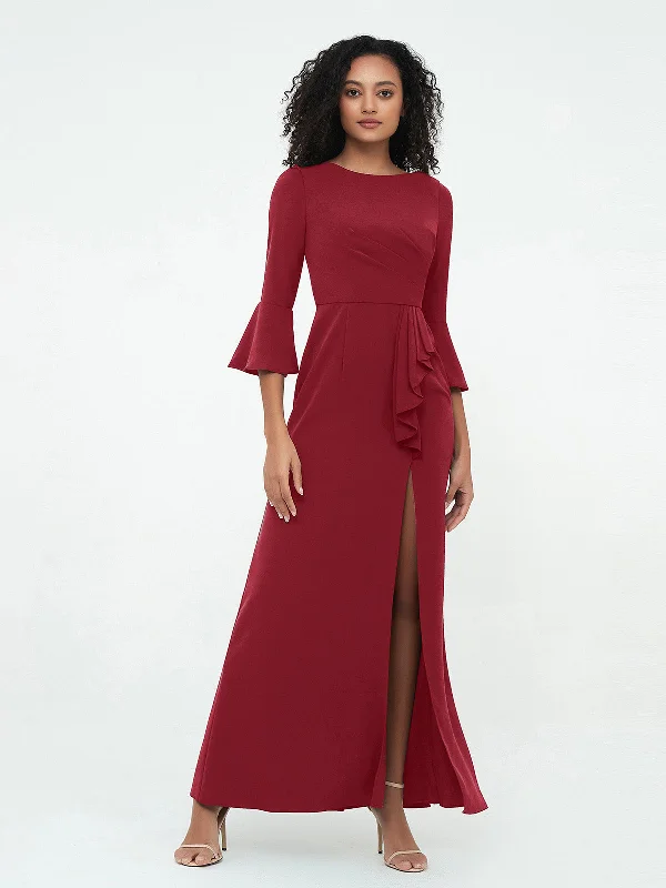 Empire Waist Polyester Dresses for Ladies with Satin RibbonMermaid Sexy Trumpet Sleeves Dresses with Slit-Burgundy Empire Waist Polyester Dresses for Ladies with Satin RibbonMermaid Sexy Trumpet Sleeves Dresses with Slit-Burgundy