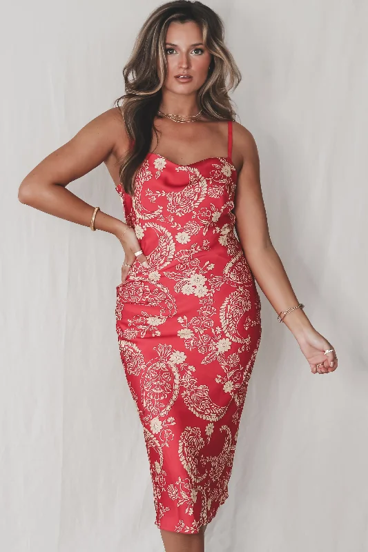 Dresses with Sheer Sleeve and Sequined Cuffs and Bow at the Waist for Ladies' Elegant and Sweet LookPlus One Princess Red Printed Midi Dresses with Sheer Sleeve and Sequined Cuffs and Bow at the Waist for Ladies' Elegant and Sweet LookPlus One Princess Red Printed Midi