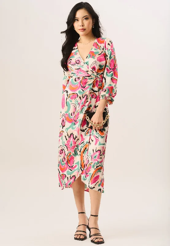 Dresses with Metallic Sequined Bodice and Chiffon Skirt for Ladies' Glamorous and Flirty LookMulti Print Wrap Midi Dress