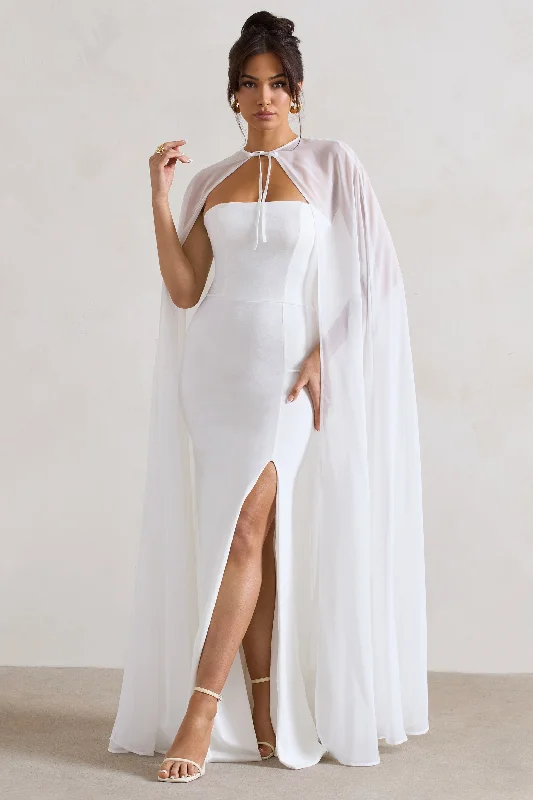 Dresses with Embroidered Birds and Sequined Floral Motifs for Ladies' Nature Inspired and Elegant LookMythical | White Chiffon Floor-Length Cape Dresses with Embroidered Birds and Sequined Floral Motifs for Ladies' Nature Inspired and Elegant LookMythical | White Chiffon Floor-Length Cape