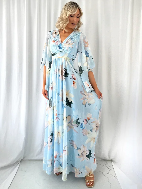 Dresses with Sheer Sleeve and Sequined Cuffs and Bow at the Waist for Ladies' Elegant and Sweet LookNatalia Maxi Floral Dress with Bell Sleeves - Light Blue Dresses with Sheer Sleeve and Sequined Cuffs and Bow at the Waist for Ladies' Elegant and Sweet LookNatalia Maxi Floral Dress with Bell Sleeves - Light Blue