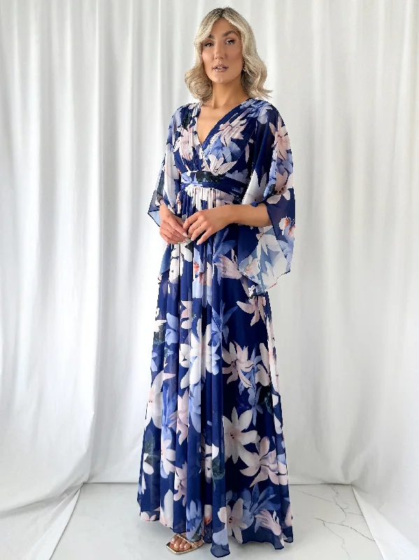 Dresses with Ruffled Sleeveless Top for Ladies' Dramatic and Artistic LookNatalia Maxi Floral Dress with Bell Sleeves - Navy Dresses with Ruffled Sleeveless Top for Ladies' Dramatic and Artistic LookNatalia Maxi Floral Dress with Bell Sleeves - Navy
