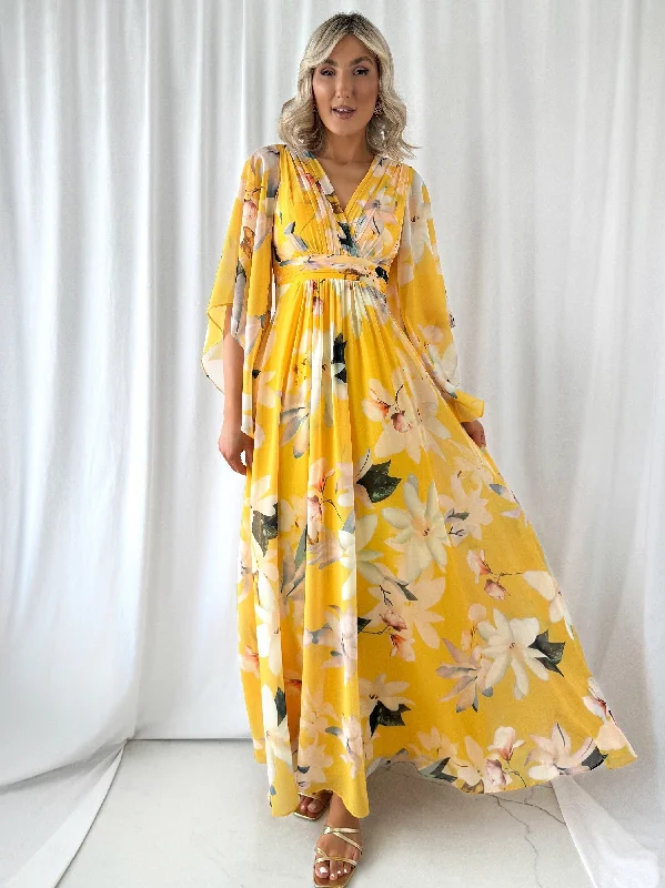 Dresses with Lace Insertions on the Skirt for Ladies' Feminine and Elegant LookNatalia Maxi Floral Dress with Bell Sleeves - Yellow Dresses with Lace Insertions on the Skirt for Ladies' Feminine and Elegant LookNatalia Maxi Floral Dress with Bell Sleeves - Yellow