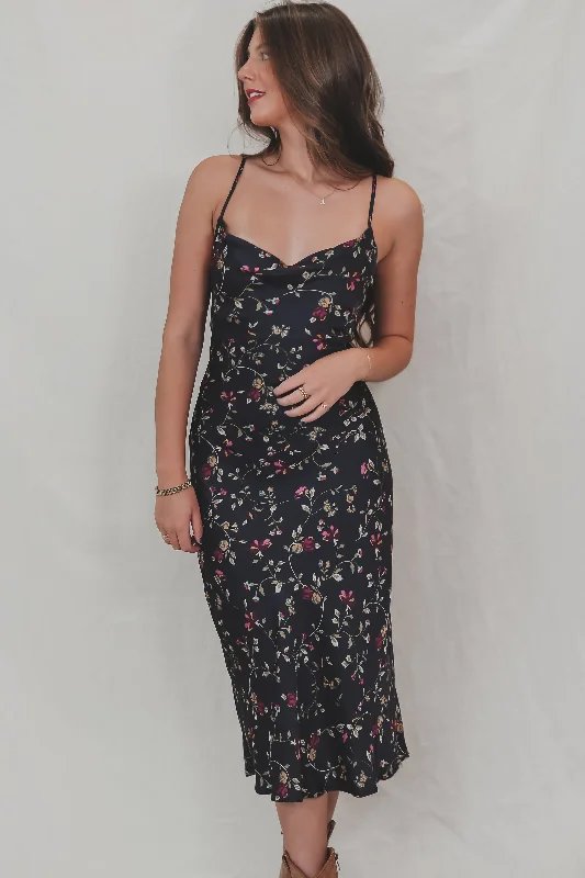 Dresses with Tassel Hem and Metallic Lace and Sequined Geometric Shapes for Ladies' Boho and Modern LookIn Your Wildest Dream Navy Floral Satin Midi Dress Dresses with Tassel Hem and Metallic Lace and Sequined Geometric Shapes for Ladies' Boho and Modern LookIn Your Wildest Dream Navy Floral Satin Midi Dress