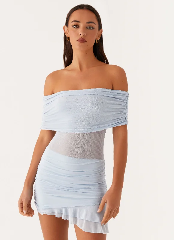 Dresses with Beaded Floral Wreath on the Bodice for Ladies' Delicate and Festive LookNelly Off Shoulder Mini Dress - Blue Dresses with Beaded Floral Wreath on the Bodice for Ladies' Delicate and Festive LookNelly Off Shoulder Mini Dress - Blue