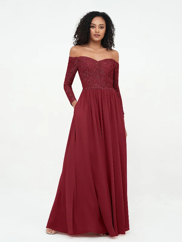 Dresses with Ruffled Hem and Bow at the Waist for Ladies' Sweet and Feminine LookOff Shoulder Lace Top Long Sleeves Dresses-Burgundy